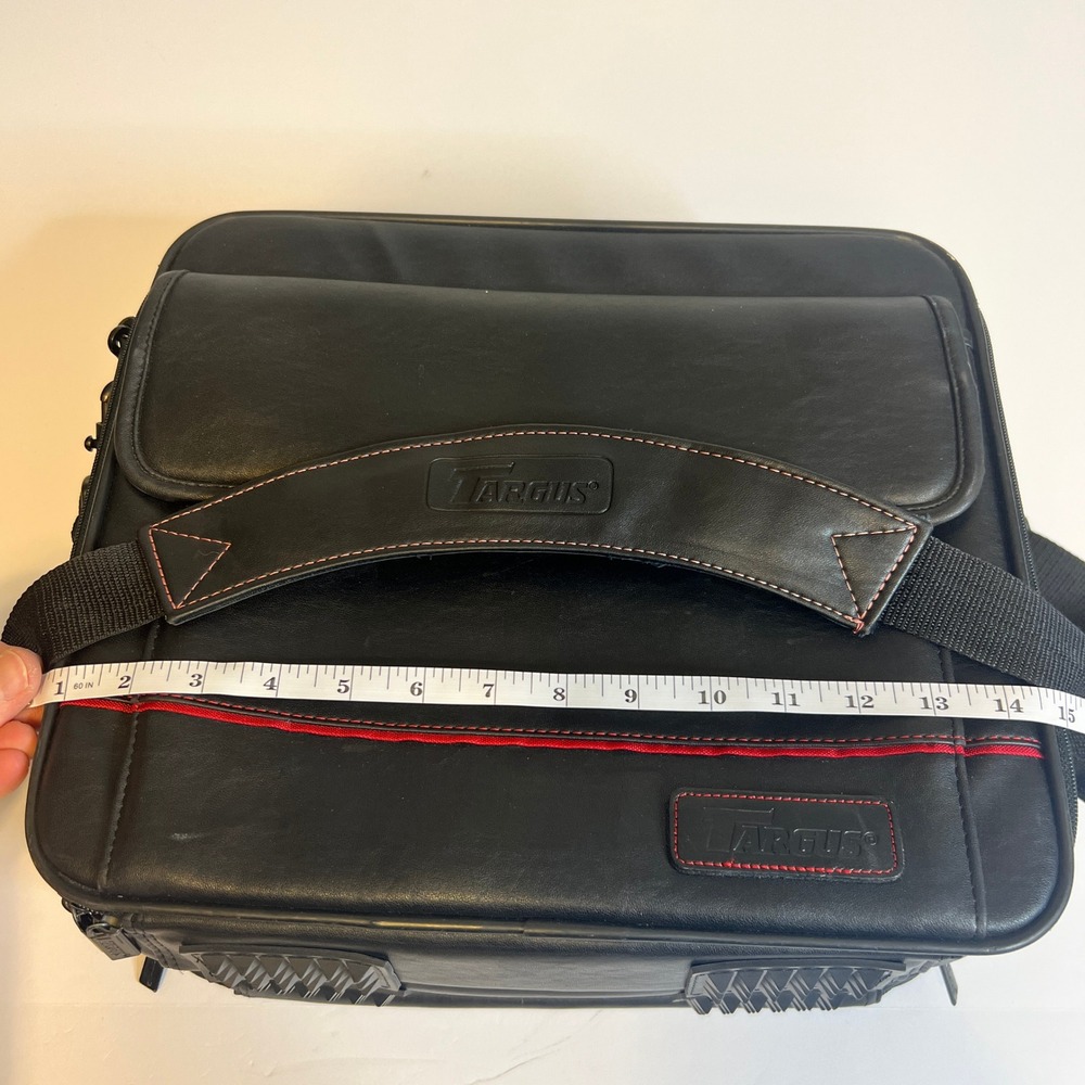 Targus Black Faux Leather Laptop Messenger Bag Red Stitching Briefcase Case - Picture 5 of 13